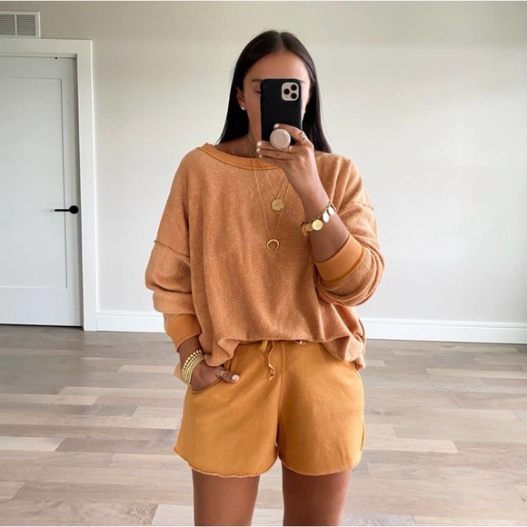 Free People Tops - FREE PEOPLE Kelly Washed Cognac Sweatshirt Set Shorts Top Size Medium NEW
